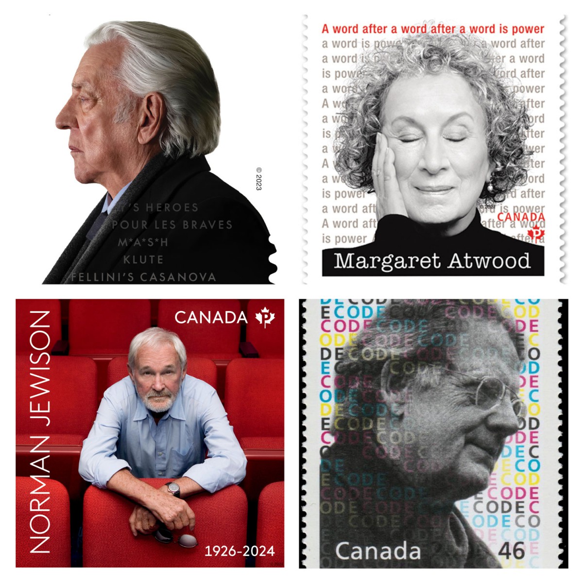 A collage of commemorative stamps, arranged from left to right and top to bottom, featuring Norman Jewison, Margaret Atwood, Donald Sutherland, and Northrop Frye.