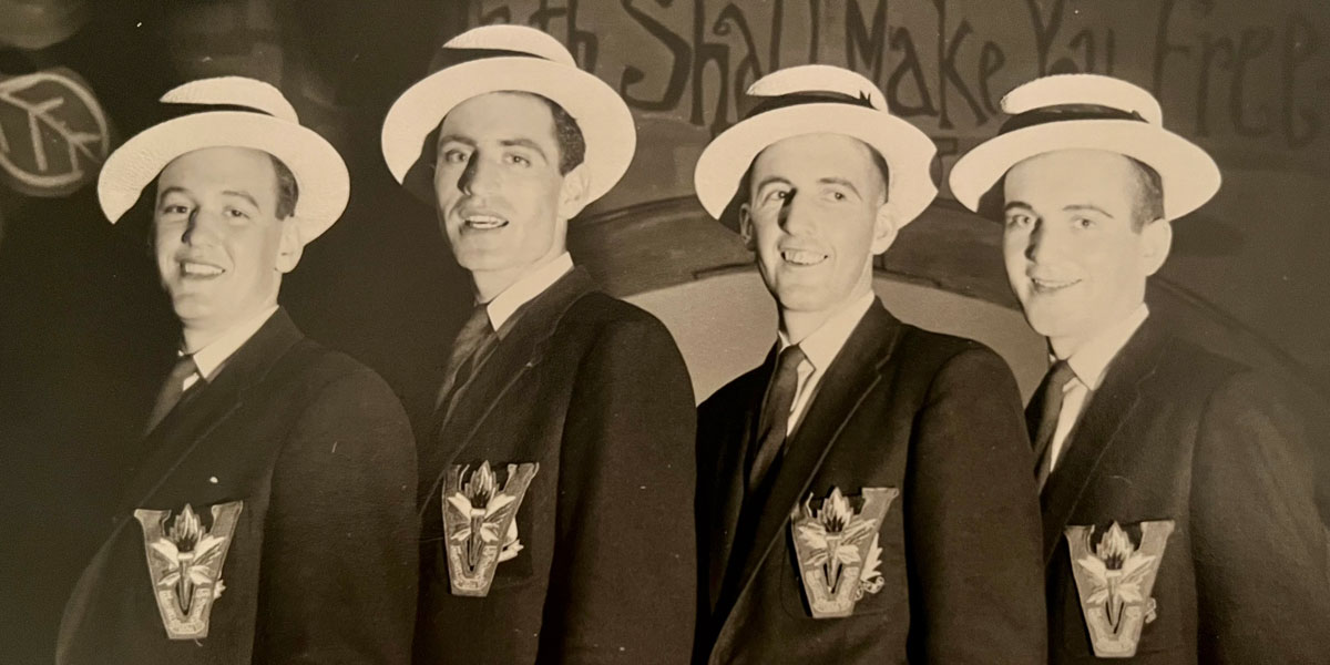 Emmanuel College students Howard Mills, Hugh McKervill, Norm Thomas and Bob Burrows perform at a Victoria University graduation event in 1959. (All photos courtesy of Bob Burrows) 