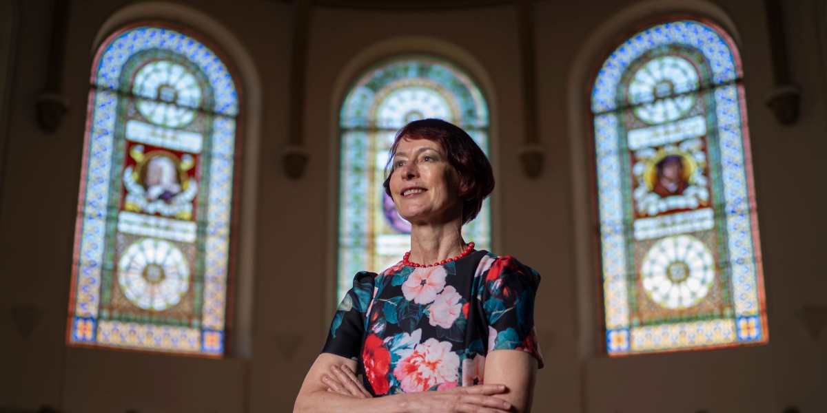 Angela Esterhammer standing in the Old Vic chapel.